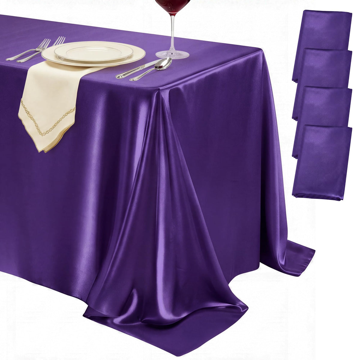 4 Pack Ivory Satin Tablecloth 58 x 102 Inch Overlay Seamless Design