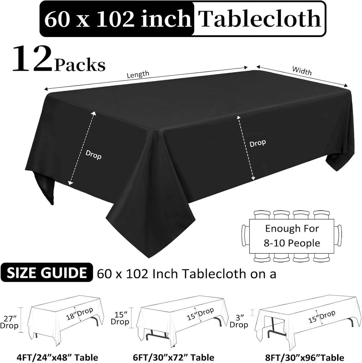 12 Pack Black Tablecloths Rectangle 60 x 102 Inch for 6 Foot Tables