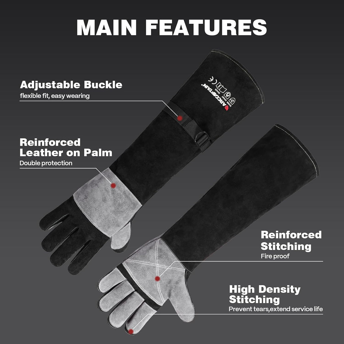 ARCCAPTAIN 24 Inches Leather Welding Gloves, Bite Protection, Black-Grey