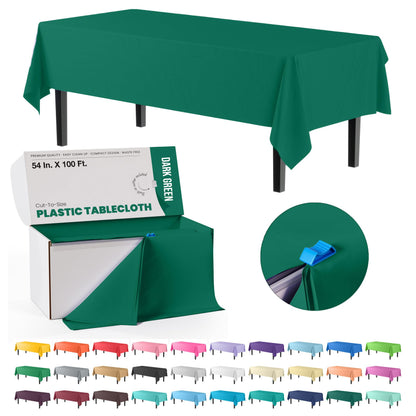 Exquisite Red 54x300in Plastic Disposable Tablecloth Roll with Built-in Cutter - 36 Rectangle Table Covers in a Box