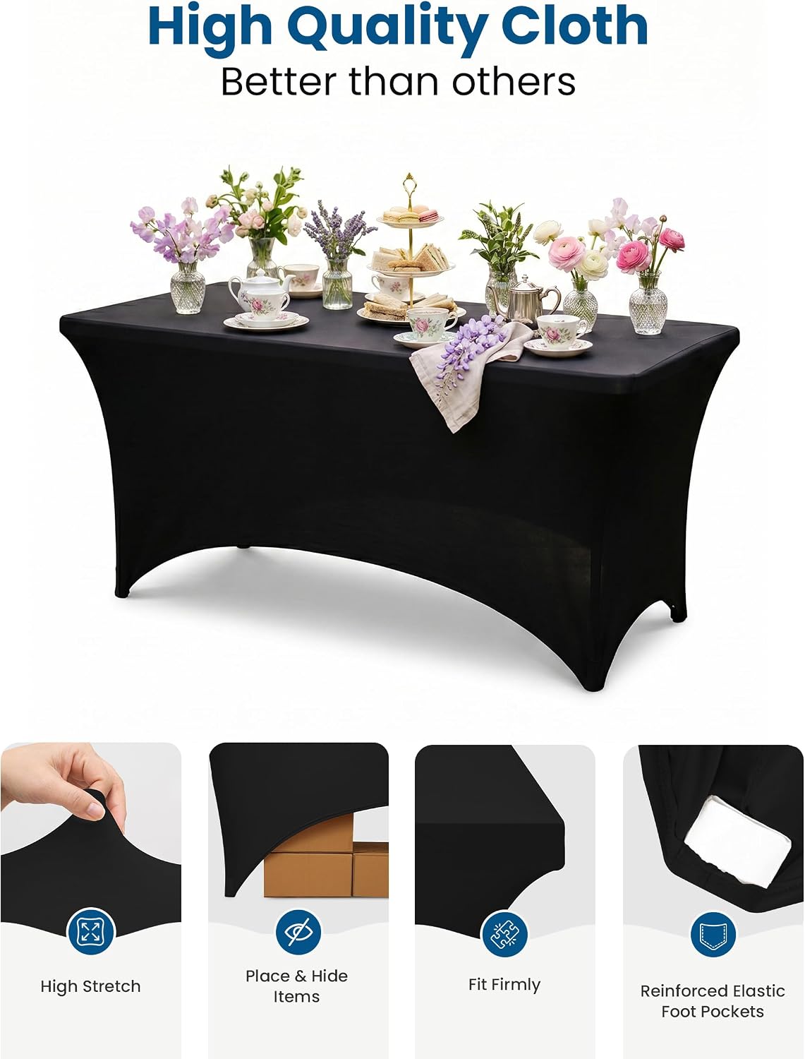 Utopia Kitchen Spandex Table Cloth 2 Pack [4FT, 48Lx30Wx30H Inch, Black]