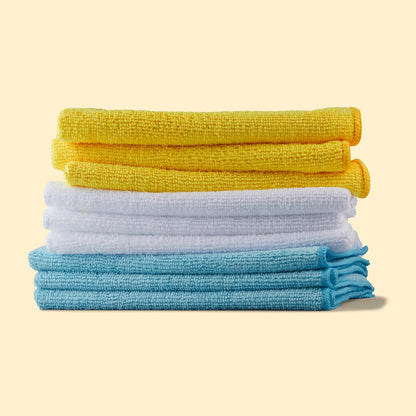 Amazon Basics Microfiber Cleaning Cloths, Ultra Absorbent, Lint Free, Streak Free, Non-Abrasive, Reusable and Washable, 16" x 12", Blue/White/Yellow, Pack of 24