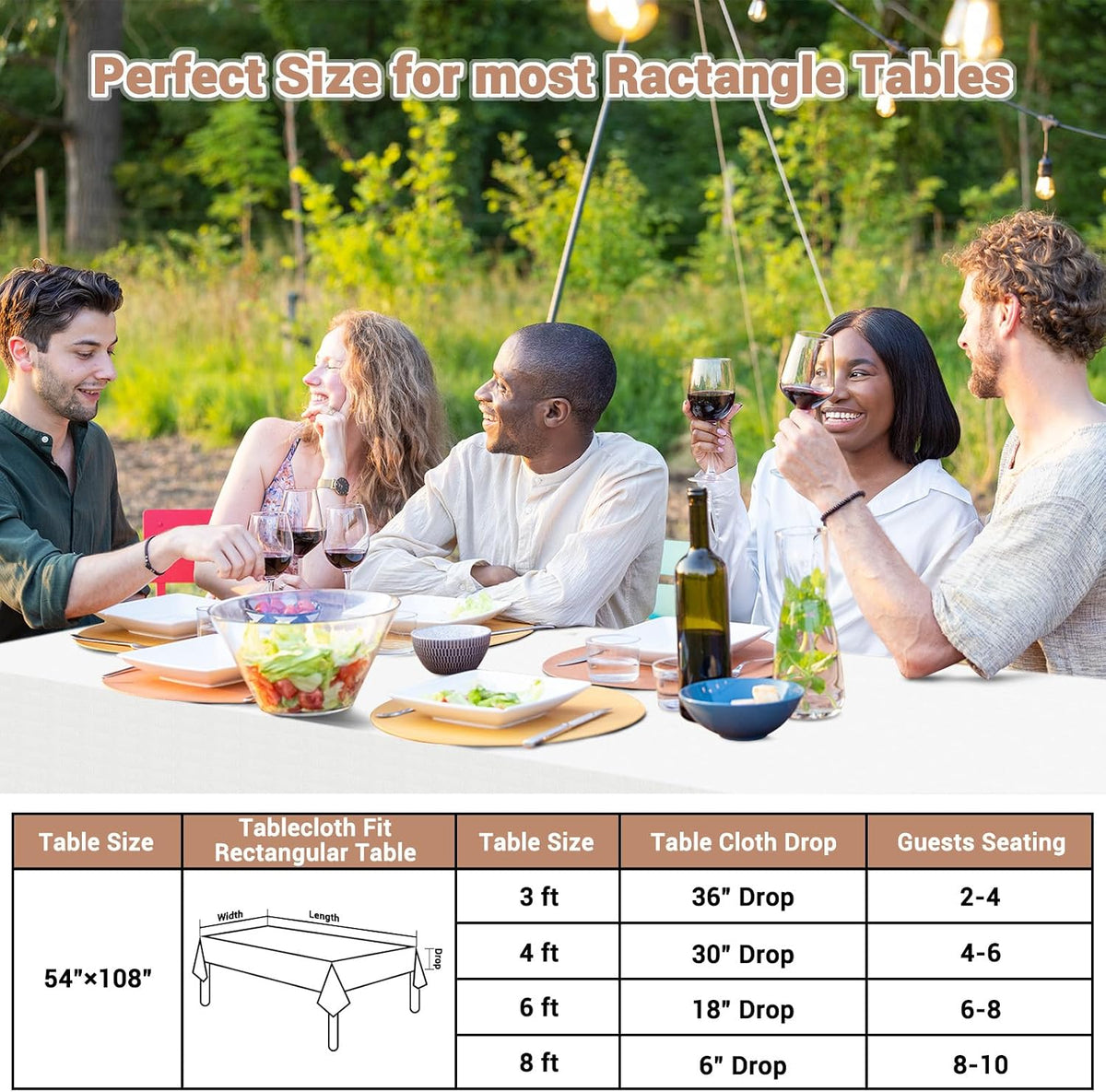 White Paper Tablecloths for Rectangle Tables 10 Pack, 54''×108'' Disposable Table Cloth for 3-9 Ft Tables, Paper & Plastic Party Table Cover for Birthday, Outdoor, Wedding, Banquet