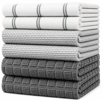 Premium Kitchen Towels 6 Pack 100% Cotton, 20"x28" Dish Towels - Grey