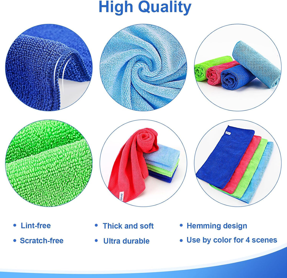 Microfiber Cleaning Cloth, 12Pcs, 12" x 12", High Density, 4 Colors