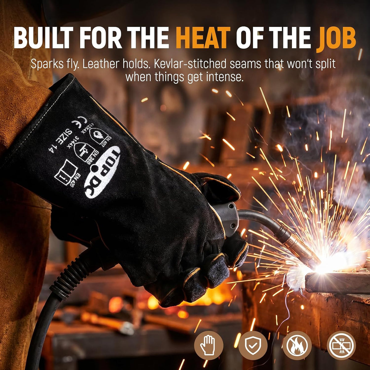 TOPDC 14Inch Welding Gloves 482°F Heat Resistant Leather for Fire Pit Grill