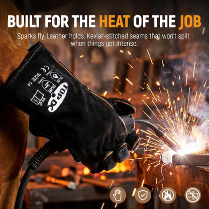 TOPDC 14Inch Welding Gloves 482°F Heat Resistant Leather for Fire Pit Grill