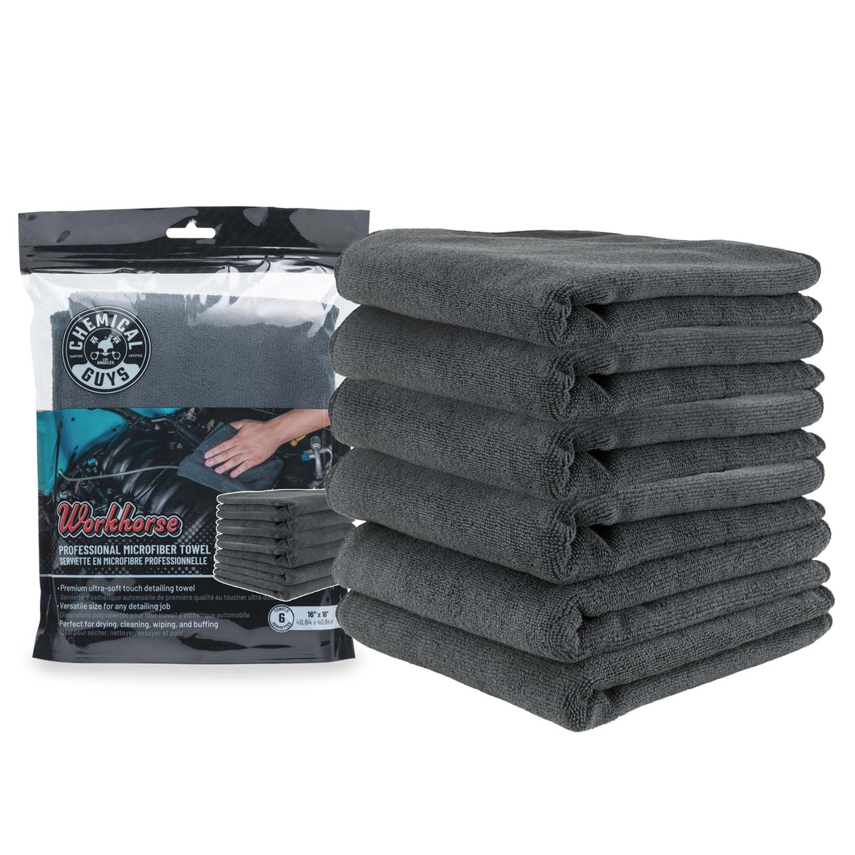 Chemical Guys, Workhorse Plush Microfiber Towels, 16 x 16 in, Black, 3 Pack