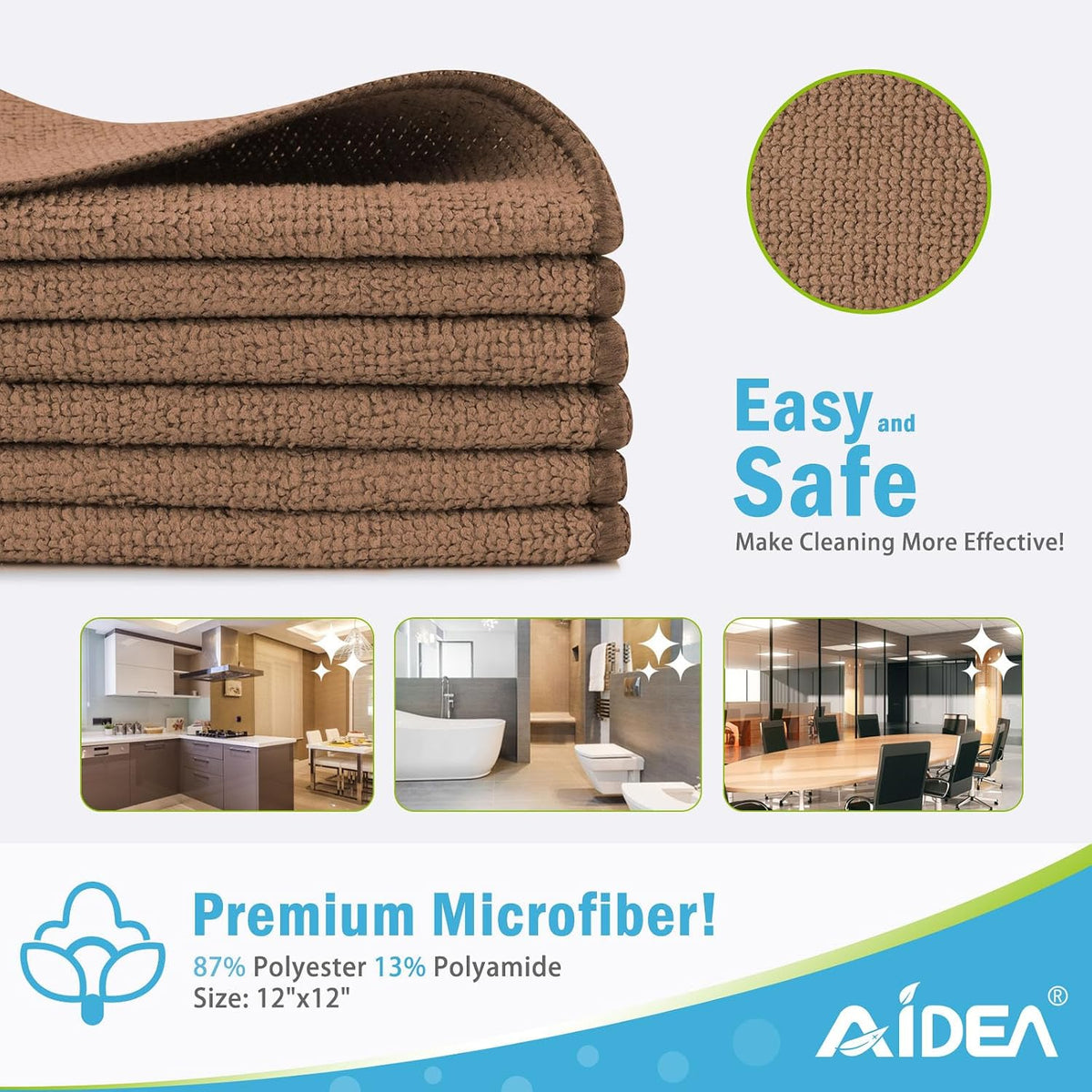 AIDEA Brown Microfiber Cleaning Cloth-12PK, Cleaning Rags 12"x12" Absorbent