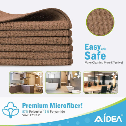 AIDEA Brown Microfiber Cleaning Cloth-12PK, Cleaning Rags 12"x12" Absorbent