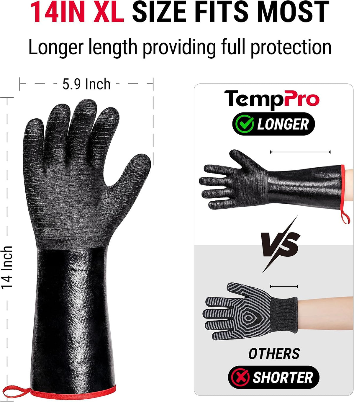TempPro 932°F Heat Resistant BBQ Gloves, 14" Waterproof Oven & Grill Gloves