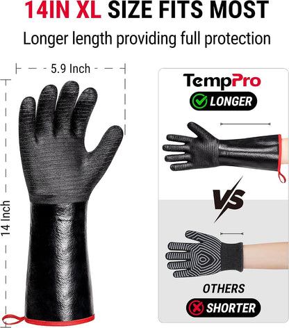 TempPro 932°F Heat Resistant BBQ Gloves, 14" Waterproof Oven & Grill Gloves