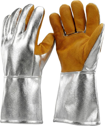 QWORK High Temperature Aluminized Welding Gloves, 14-Inch Heat Resistant Safety Workwear for Smelting & Metal Industries, 972°F Resistance