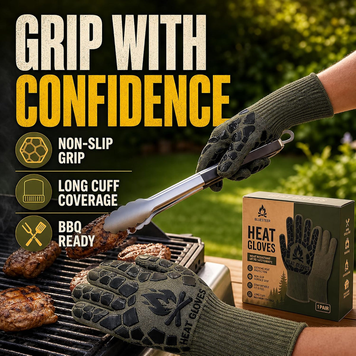 BBQ Gloves Heat Resistant Cooking Grill Gloves Heat Proof for Men