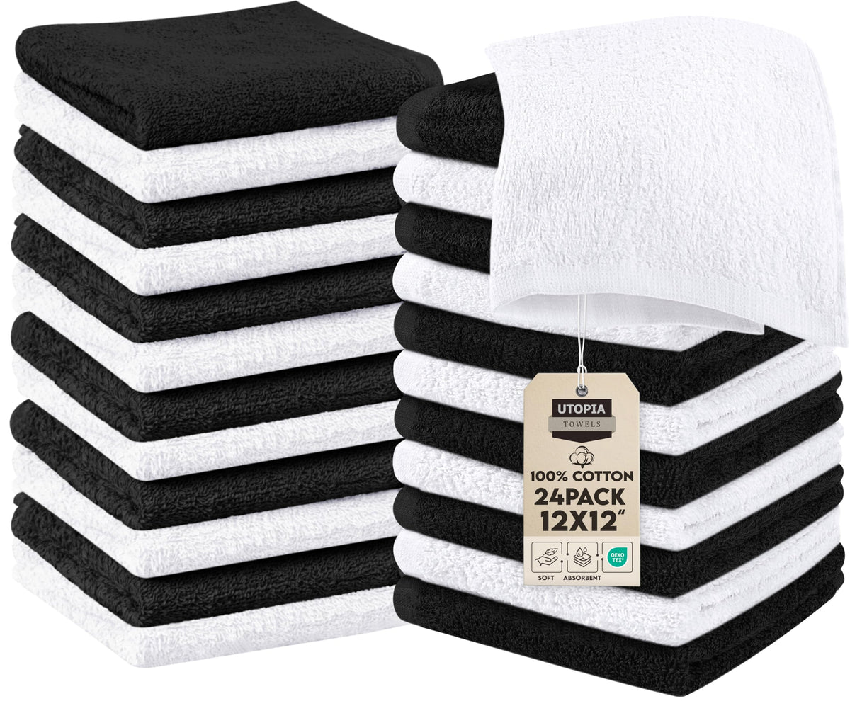 Utopia Towels 24 Pack Washcloths, 12x12 In, 100% Cotton, White