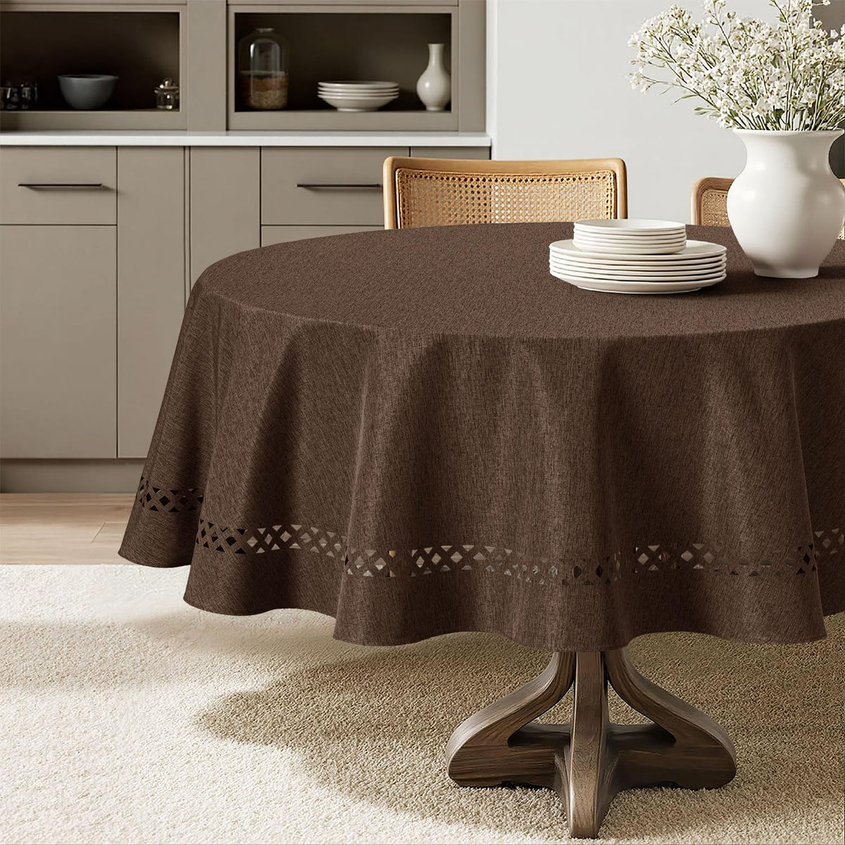 MIULEE Beige Rectangle Tablecloth with Decorative Cutouts 52x70 Inch