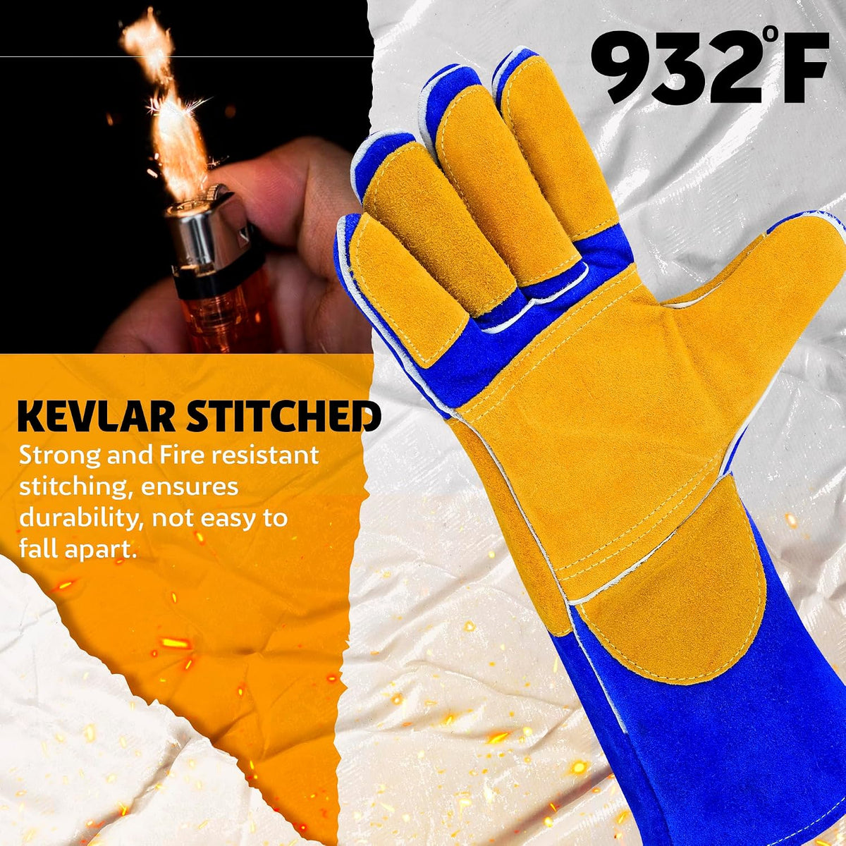 Welding Gloves 16” – 932°F Heat Resistant Leather Gloves with Kevlar – Heavy Duty BBQ & Cooking Gloves for Grill, Oven, Stove, Fireplace, Welding, Forge, MIG, TIG & High Heat Protection