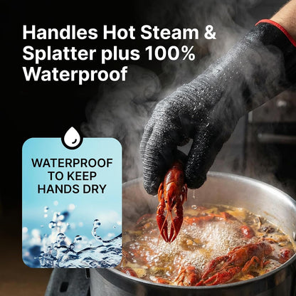 BBQ Gloves - Waterproof and Extreme Heat Resistant up to 932°F - Food-Grade Neoprene Rubber Mitts for Cooking, Grill, Grilling, Oven, Baking, Fire Pit - Non-Slip Grip, Cotton Lining and 14” Sleeve