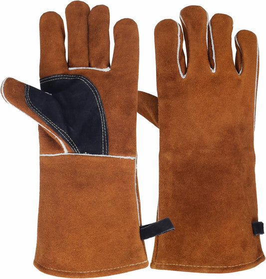 Leather Fireplace Gloves Heat Resistant for Mig,Tig welding,Stick,Forge,BBQ,Grill, Wood Stove,Fireproof Stitching