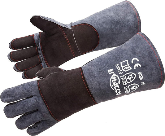 RAPICCA Fireplace Fire Pit Gloves, 932°F Fireproof Leather, 16in Dark Grey