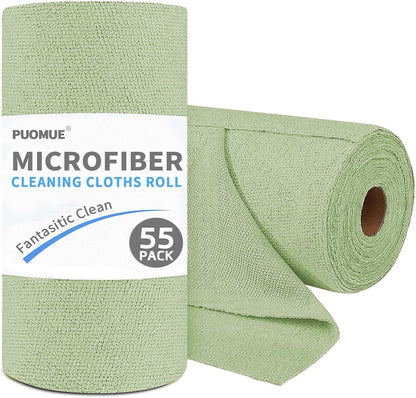 Puomue 55 Pack Microfiber Cleaning Cloth Roll, Tear Away Reusable Paper Towels, 11" x 9", Ultra Absorbent & Lint Free Microfiber Cloth for Cleaning Cars, Kitchen, Window, Home and Shop, Grey