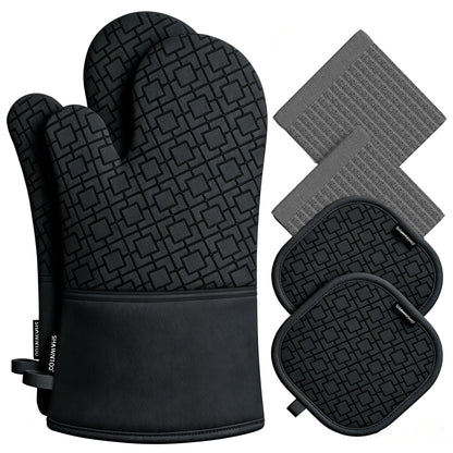 Oven Mitts and Pot Holders Sets 6pcs, Kitchen Oven Glove,High Heat Resistant 550 Degree Extra Long Oven Mitts and Potholders with Non-Slip Silicone Surface for Home Essentials (Grey) (Gray)