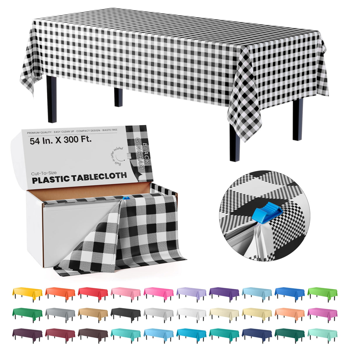 Exquisite Red 54x300in Plastic Disposable Tablecloth Roll with Built-in Cutter - 36 Rectangle Table Covers in a Box