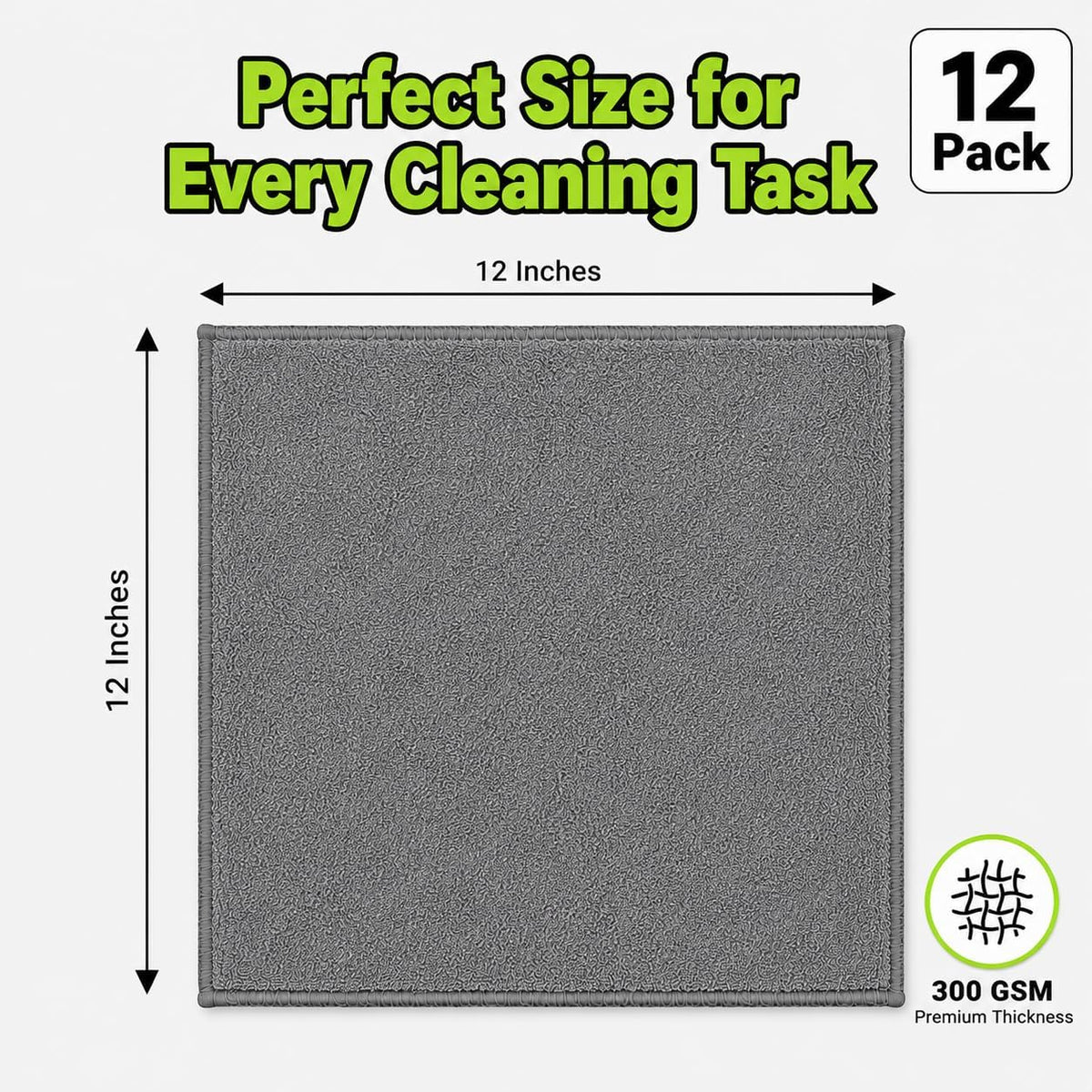 Microfiber Cleaning Cloths, 12 Pack, 12 x 12 Inch, 300 GSM, Lint Free, Ultra Absorbent, Streak-Free Cleaning Towels for Car, Kitchen, Windows, Glass & Household Cleaning, Gray