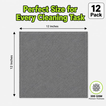 Microfiber Cleaning Cloths, 12 Pack, 12 x 12 Inch, 300 GSM, Lint Free, Ultra Absorbent, Streak-Free Cleaning Towels for Car, Kitchen, Windows, Glass & Household Cleaning, Gray