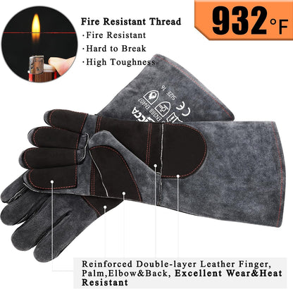 RAPICCA Fireplace Fire Pit Gloves, 932°F Fireproof Leather, 16in Dark Grey
