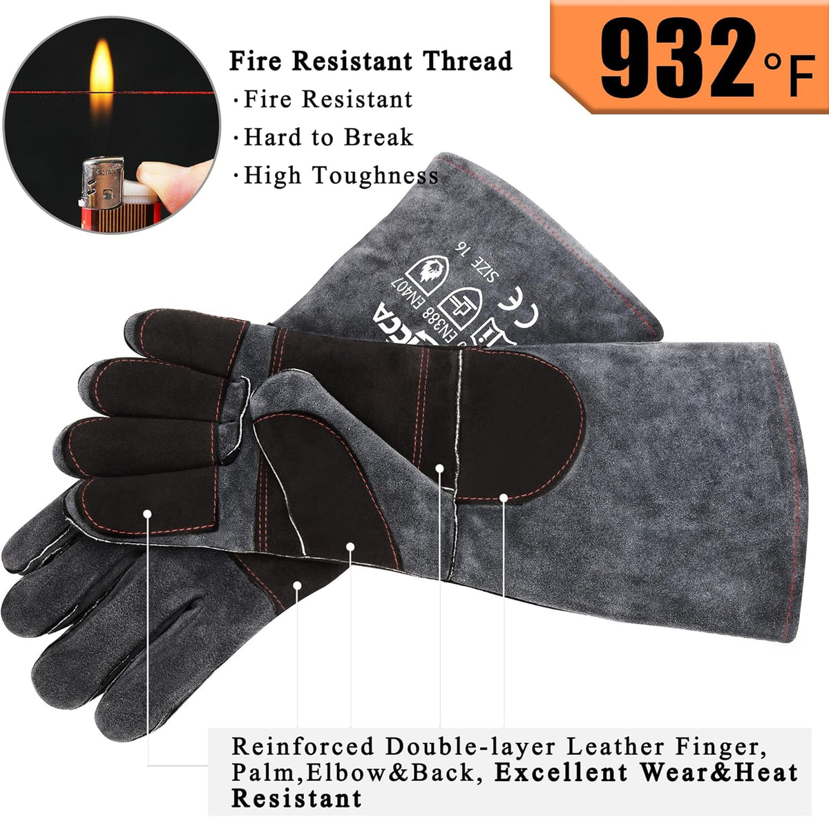 RAPICCA Fireplace Fire Pit Gloves, 932°F Fireproof Leather, 16in Dark Grey
