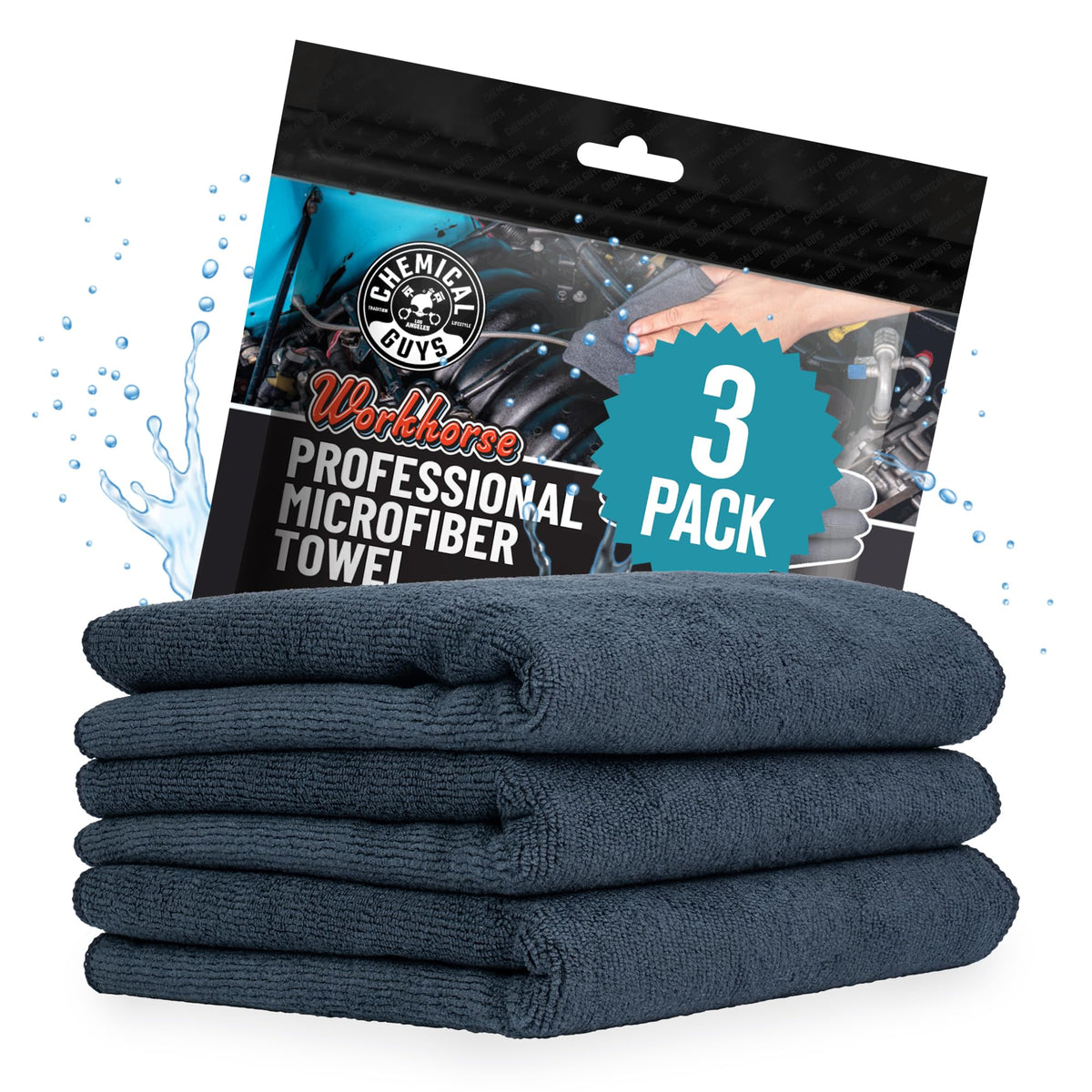 Chemical Guys, Workhorse Plush Microfiber Towels, 16 x 16 in, Black, 3 Pack