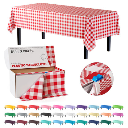 Exquisite Red 54x300in Plastic Disposable Tablecloth Roll with Built-in Cutter - 36 Rectangle Table Covers in a Box