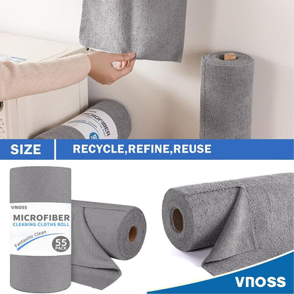 55 Pack Microfiber Cleaning Cloth Roll, Tear Away Reusable Towels, 11" X 9", Ultra Absorbent & Lint Free Cloth for Cars, Kitchen, Window, Home and Shop, Grey