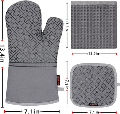 Oven Mitts and Pot Holders Sets 6pcs, Kitchen Oven Glove,High Heat Resistant 550 Degree Extra Long Oven Mitts and Potholders with Non-Slip Silicone Surface for Home Essentials (Grey) (Gray)