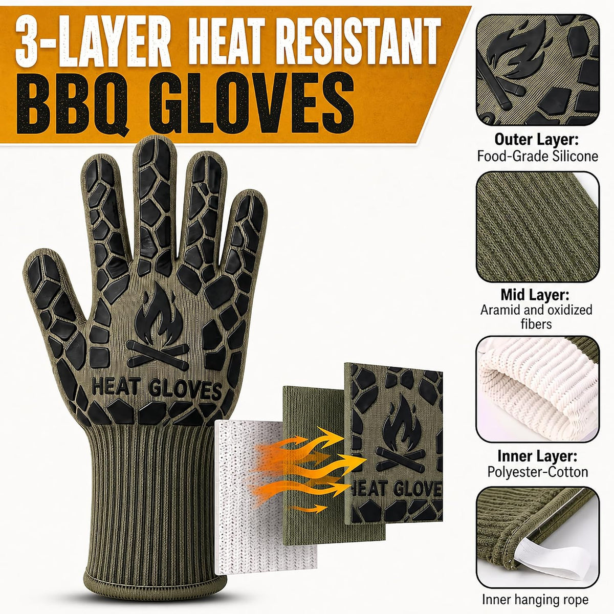 BBQ Gloves Heat Resistant Cooking Grill Gloves Heat Proof for Men