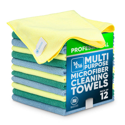 MW Pro Microfiber Cleaning Cloth | Blue | 12 Pack | 16” x 16” | All Purpose Microfiber Towels - Clean, Dust, Polish, Scrub, Absorbent