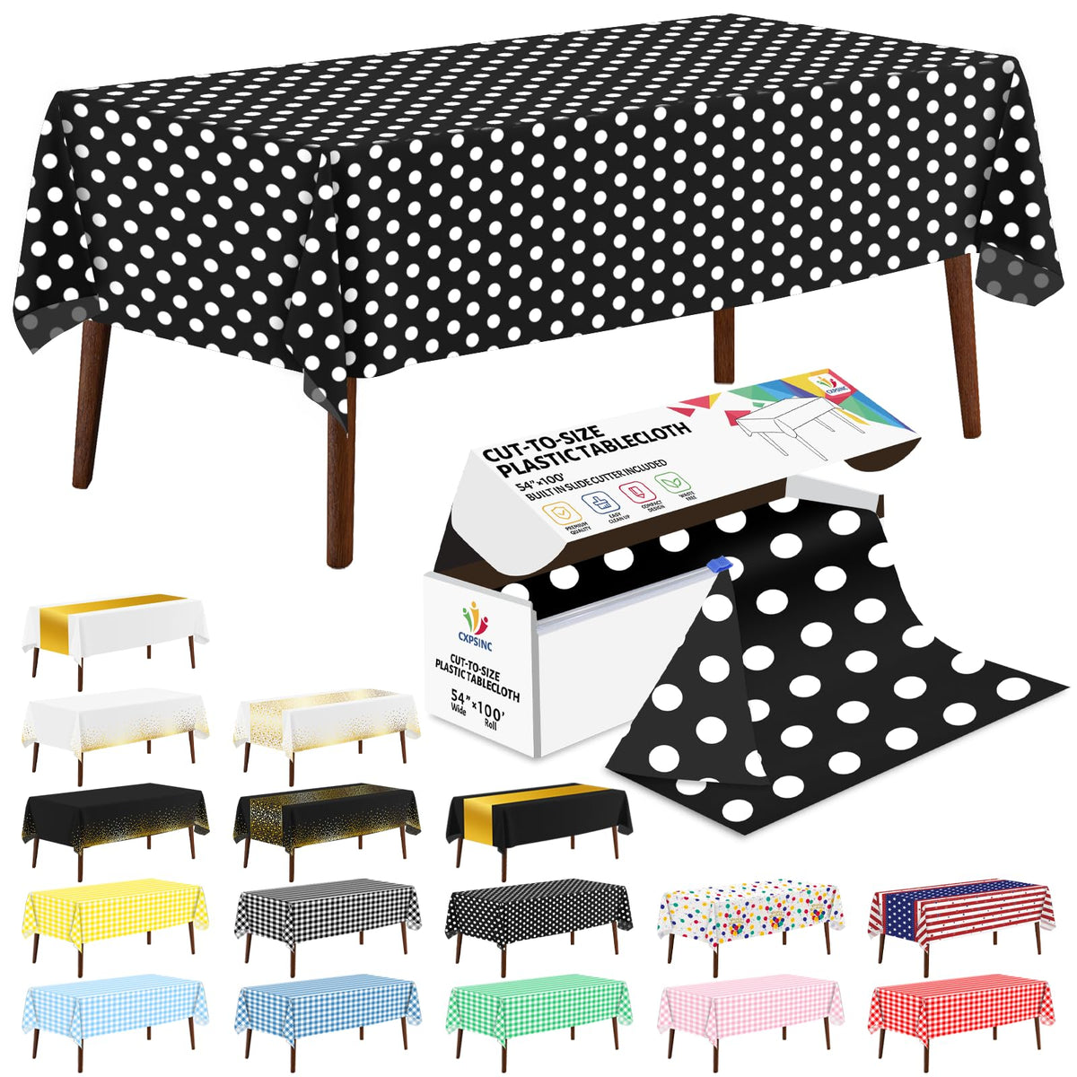 CXPSINC White Plastic Table Cloth Disposable Tablecloth Roll 54 Inch X 300 Feet Plastic Table Cover Roll with Slide Cutter for Picnics, Parties, Banquet, Birthdays, Weddings