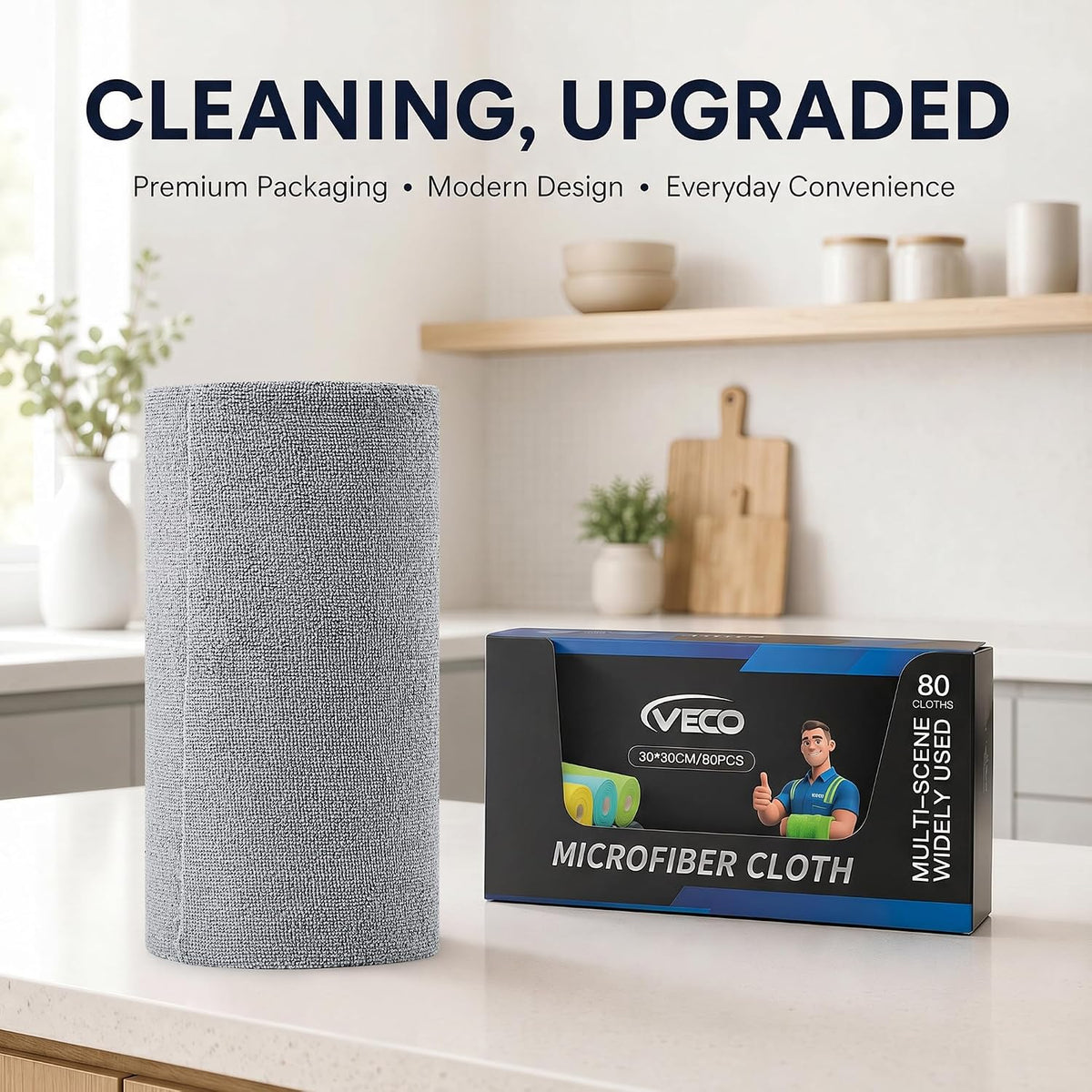 Veco Microfiber Cleaning Cloth Roll 80 PCS Gray, 12" x 12"