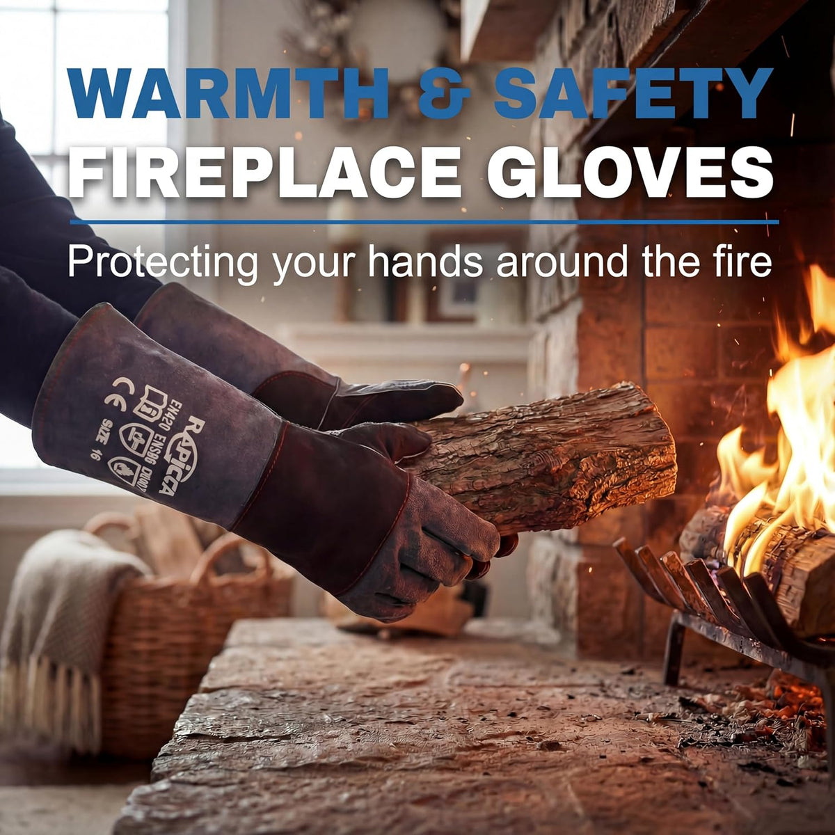 RAPICCA Fireplace Fire Pit Gloves, 932°F Fireproof Leather, 16in Dark Grey