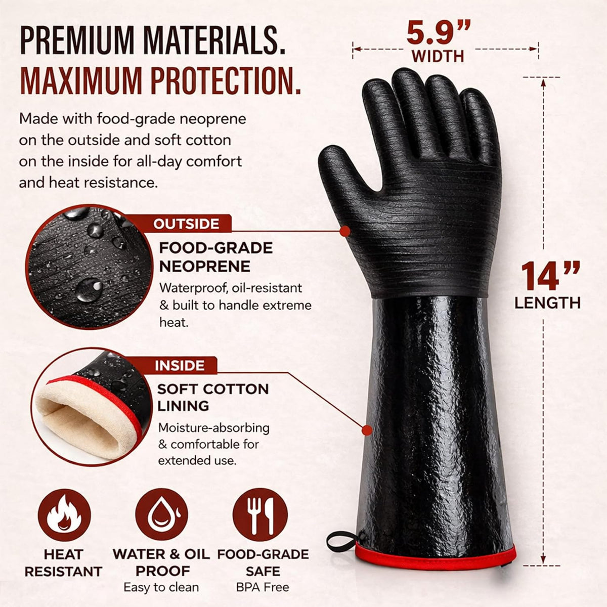 Grill Heat Aid 932°F High Heat Resistant BBQ Grill Gloves Neoprene Mitt 14"