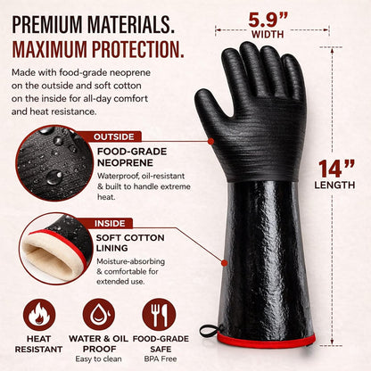 Grill Heat Aid 932°F High Heat Resistant BBQ Grill Gloves Neoprene Mitt 14"