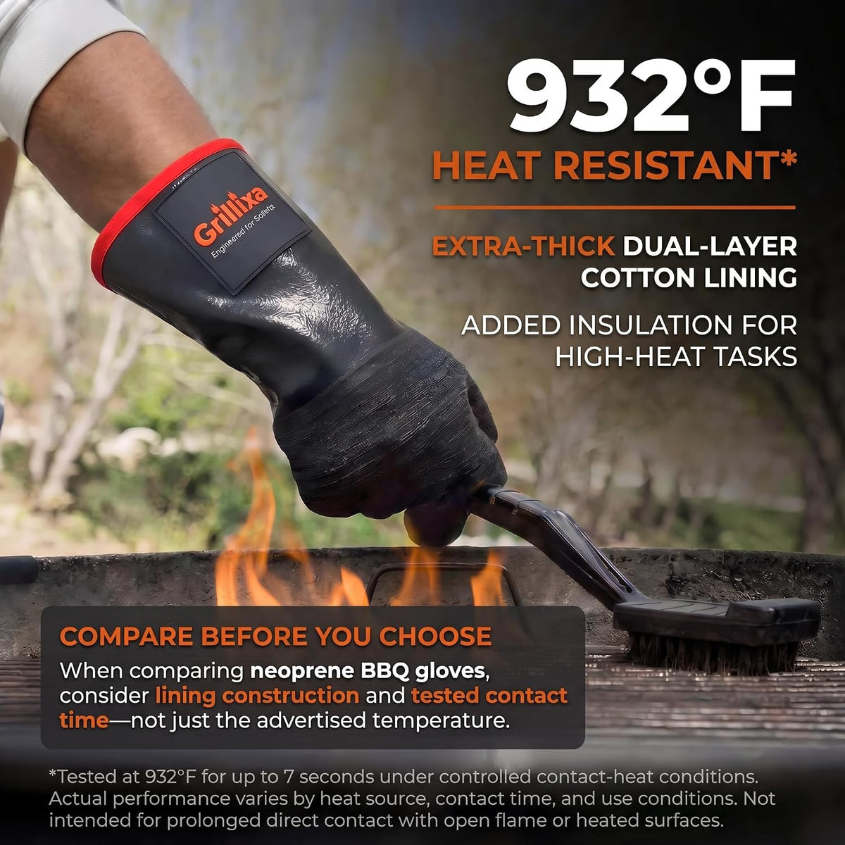 932°F Heat Resistant BBQ Grill Gloves, Extra-Thick Cotton Lining, 14 in, XL