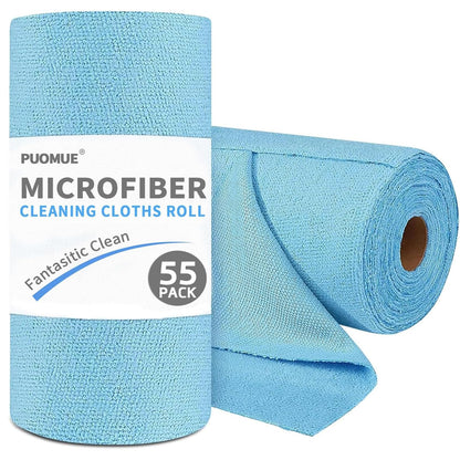 Puomue 55 Pack Microfiber Cleaning Cloth Roll, Tear Away Reusable Paper Towels, 11" x 9", Ultra Absorbent & Lint Free Microfiber Cloth for Cleaning Cars, Kitchen, Window, Home and Shop, Grey