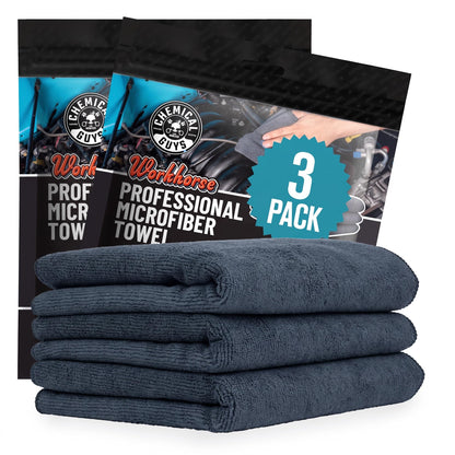 Chemical Guys, Workhorse Plush Microfiber Towels, 16 x 16 in, Black, 3 Pack