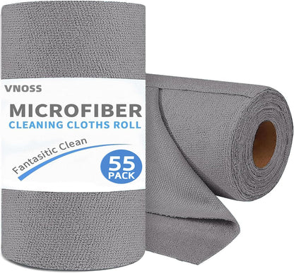 55 Pack Microfiber Cleaning Cloth Roll, Tear Away Reusable Towels, 11" X 9", Ultra Absorbent & Lint Free Cloth for Cars, Kitchen, Window, Home and Shop, Grey