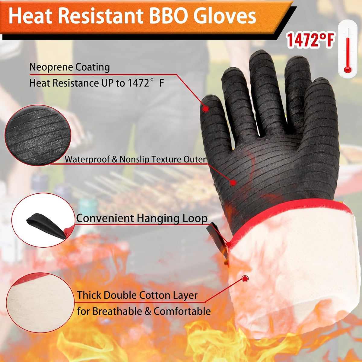 BBQ Grilling Gloves, 1472°F Thicken Thermal Gloves w/S-Hook
