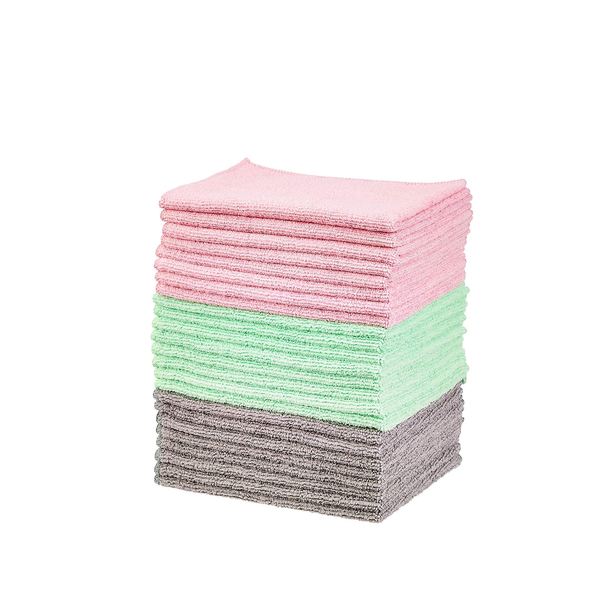 Amazon Basics Microfiber Cleaning Cloths, Ultra Absorbent, Scratch Free, Non-Abrasive, Reusable and Washable, All-Purpose, Car Detailing, 16" x 12", Green/Gray/Pink, 36-Pack