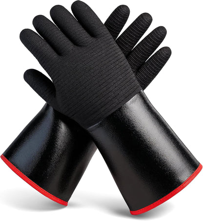 BBQ Gloves - Waterproof and Extreme Heat Resistant up to 932°F - Food-Grade Neoprene Rubber Mitts for Cooking, Grill, Grilling, Oven, Baking, Fire Pit - Non-Slip Grip, Cotton Lining and 14” Sleeve
