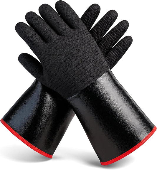 BBQ Gloves - Waterproof and Extreme Heat Resistant up to 932°F - Food-Grade Neoprene Rubber Mitts for Cooking, Grill, Grilling, Oven, Baking, Fire Pit - Non-Slip Grip, Cotton Lining and 14” Sleeve
